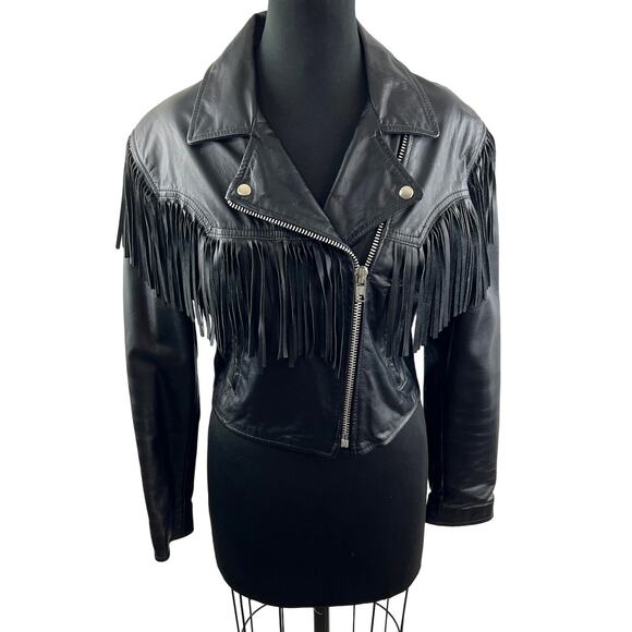 VINTAGE Fidelity Black Cropped Moto Jacket Leather Fringed Notch Lapel Zip 12 - Picture 1 of 11